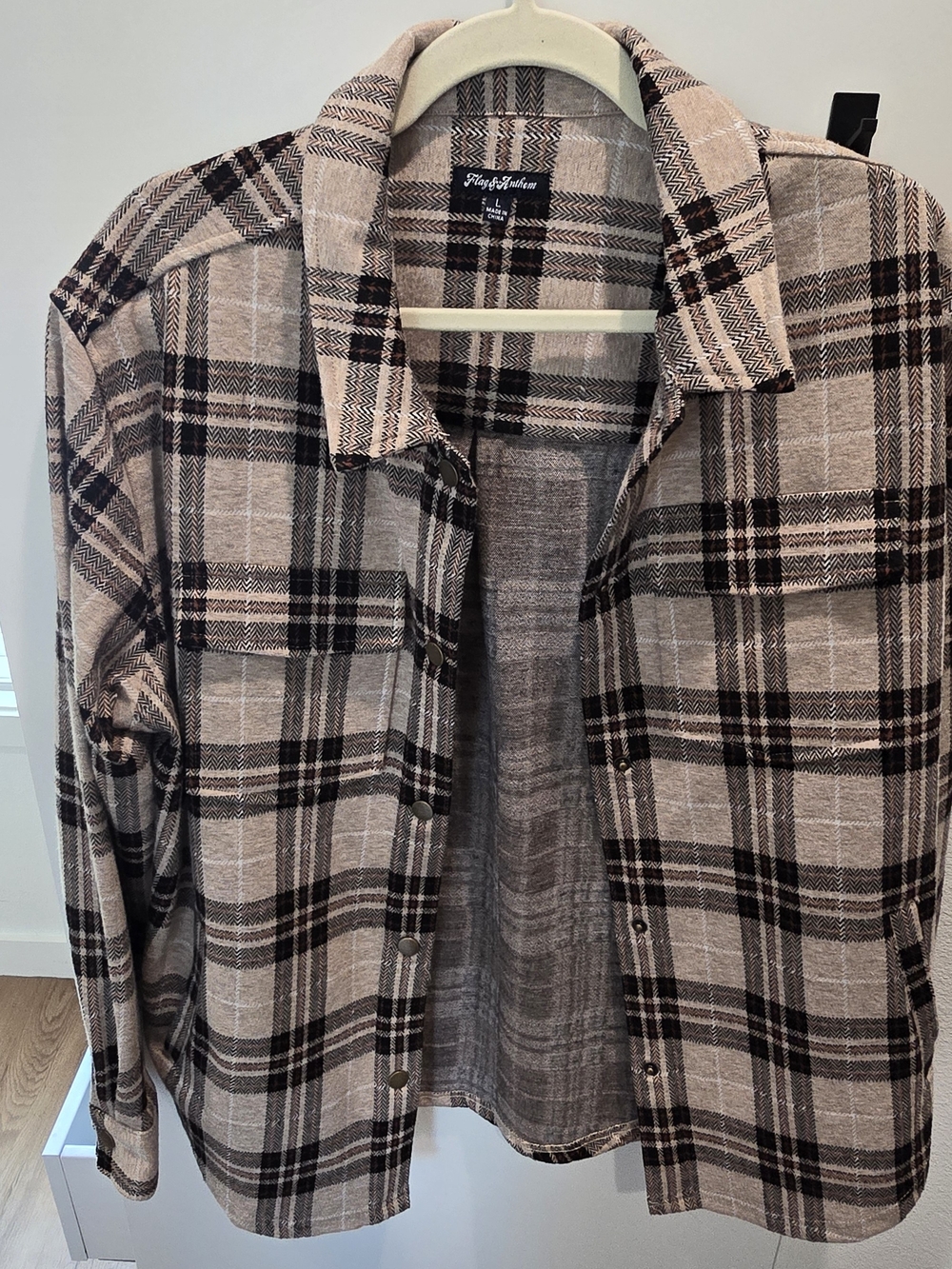 Plaid Button-Down Shirt Jacket - Beige Black Plaid